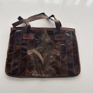 Vintage 70s Brown Black Leather Patchwork Shoulder Bag Boho Artisan Fleur De Lis